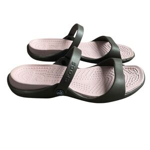 Crocs Cleo Strappy Sandals Women Size 11 Taupe Flat Summer Beach Pool